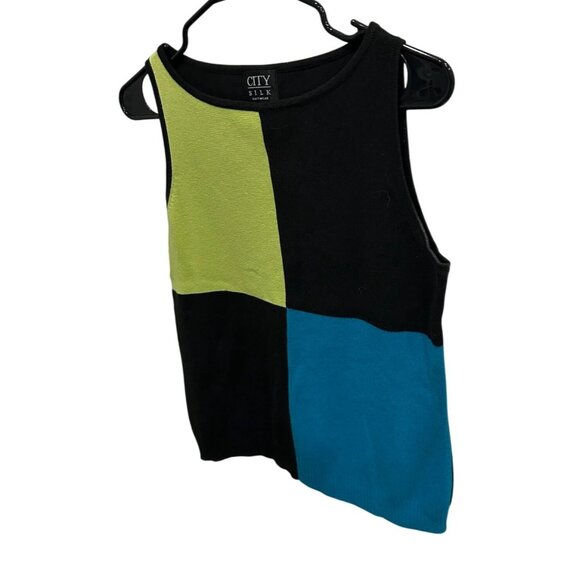 City Silk Color Block Black Blue Green Sleeveless Tank Top Sz Small - Picture 3 of 8